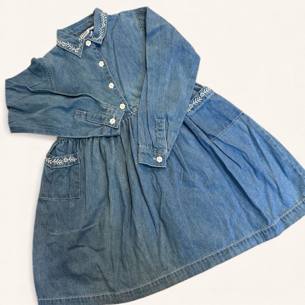 Vintage 90s Great Lakes Denim Dress Girls 6X Chambray Embroidered Collar Pockets
